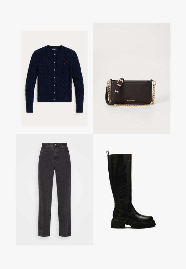 Tengerészkék, fonott kardigán kerek nyakkivágással, hat gombos záródással, bordázott aljjal és mandzsettával. Kis piros logó a bal mellen.; Fehér, hosszú ujjú, gombos ing, strukturált gallérral és lekerekített aljjal. Zökkenőmentes, egyszínű anyagból készült, látható minták vagy díszítések nélkül.; Fekete, egyenes szárú farmernadrág, magas derékkal, elülső gombbal és cipzárral, valamint öt zsebes stílussal, fehér háttérrel.; Fekete, térd fölé érő bőr csizmák, minden részletükben sima vonalvezetésűek, lekerekített orral és masszív gumitalppal, mély barázdákkal, valamint húzófüllel a tetején.; MICHAEL Michael Kors BRYANT SM XBODY POUCHETTE - Keresztpántos táska - chocolate