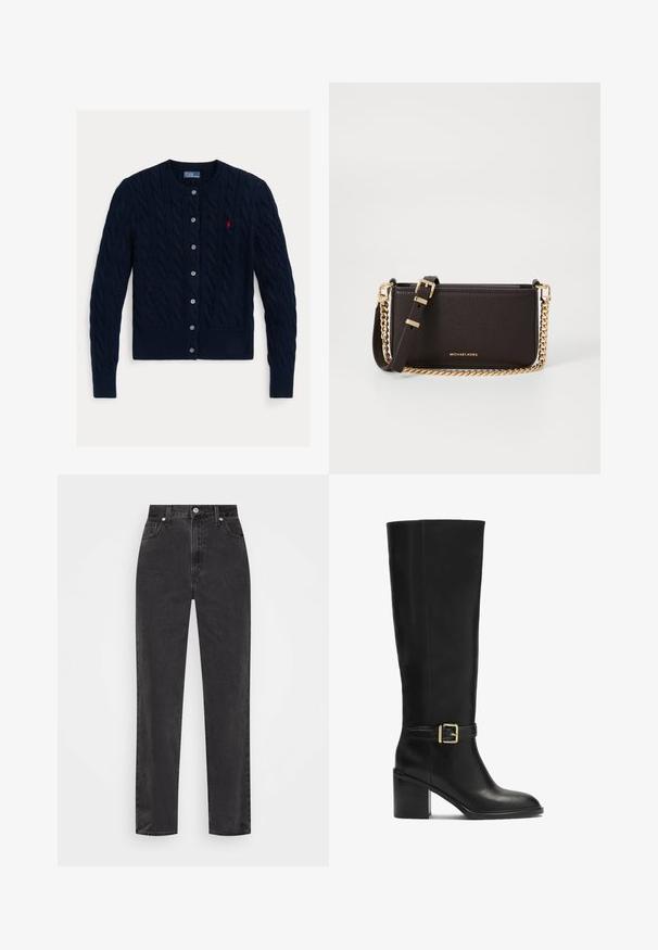 Tengerészkék, fonott kardigán kerek nyakkivágással, hat gombos záródással, bordázott aljjal és mandzsettával. Kis piros logó a bal mellen.; Fehér, hosszú ujjú, gombos ing, strukturált gallérral és lekerekített aljjal. Zökkenőmentes, egyszínű anyagból készült, látható minták vagy díszítések nélkül.; Fekete, egyenes szárú farmernadrág, magas derékkal, elülső gombbal és cipzárral, valamint öt zsebes stílussal, fehér háttérrel.; Fekete, térd fölé érő csizma sima bőrből, blokk sarkú, arany csattal díszítve, letisztult siluettel.; MICHAEL Michael Kors BRYANT SM XBODY POUCHETTE - Keresztpántos táska - chocolate