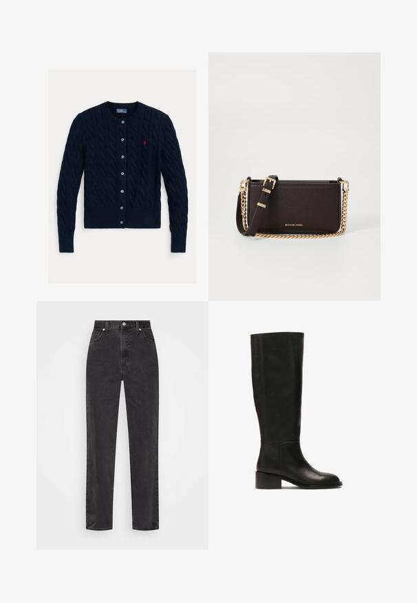 Dunkelblauer Zopfmuster-Cardigan mit Rundhalsausschnitt, sechs Knopfverschluss sowie geripptem Saum und Bündchen. Kleines rotes Logo-Detail auf der linken Brust.; Weißes Hemd mit langen Ärmeln, strukturiertem Kragen und abgerundetem Saum. Hergestellt aus einem glatten, einfarbigen Stoff ohne sichtbare Muster oder Akzente.; Schwarze Denim-Jeans mit geradem Bein, hoher Taille, vorderem Knopf und Reißverschluss sowie fünf Taschen auf weißem Hintergrund.; Hohe schwarze Lederstiefel mit runder Spitze und niedrigem, viereckigem Absatz. Besitzt eine glatte Textur und ein schlichtes Design.; MICHAEL Michael Kors BRYANT SM XBODY POUCHETTE - Umhängetasche - chocolate