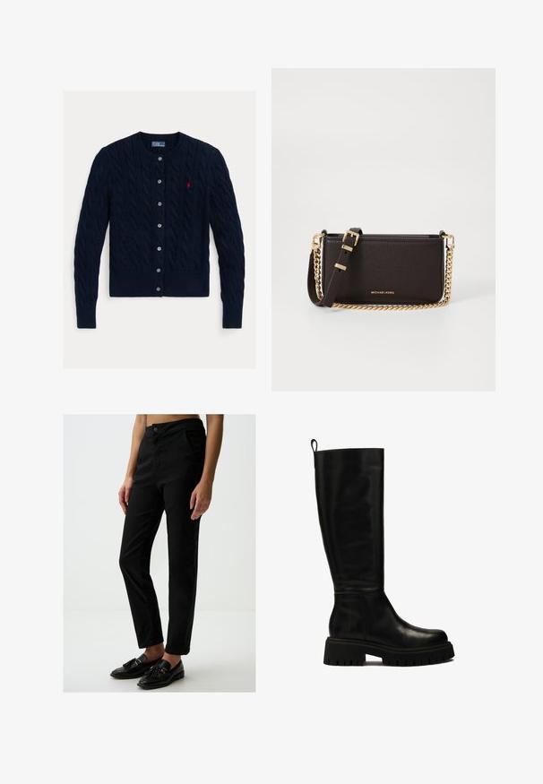 Cardigan en maille torsadée bleu marine avec un col rond, six boutons de fermeture et un ourlet et des poignets côtelés. Petit logo rouge sur la poitrine gauche.; Chemise blanche à manches longues, dotée d'un col structuré et d'un ourlet arrondi. Fabriquée à partir d'un tissu lisse et uni, sans motifs ni accents visibles.; Pantalon noir taille haute en mélange de coton lisse, doté de poches avant et d'une coupe slim, associé à des mocassins noirs.; Bottes en cuir noires montantes jusqu'au genou, avec un design épuré, un bout arrondi et une semelle en caoutchouc épaisse dotée de rainures profondes et d'une languette en haut.; MICHAEL Michael Kors BRYANT SM XBODY POUCHETTE - Sac bandoulière - chocolate