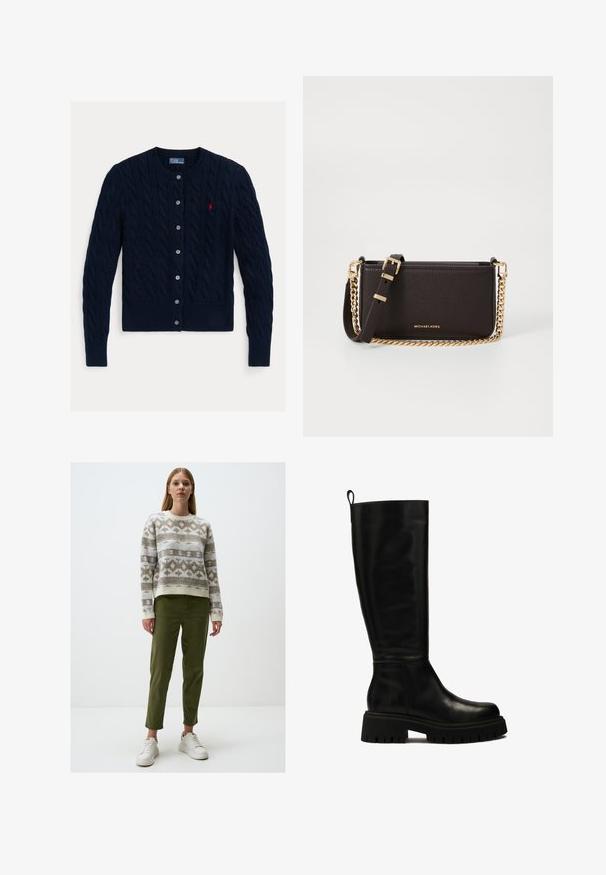 Cardigan in maglia a treccia blu navy con scollatura rotonda, chiusura a sei bottoni e orlo e polsini a costine. Piccolo logo rosso come accento sul petto sinistro.; Camicia bianca con bottoni, maniche lunghe, colletto strutturato e orlo arrotondato. Realizzata in un tessuto liscio e uniforme, senza motivi visibili o dettagli.; Maglione lavorato a maglia con motivi geometrici in beige e azzurro chiaro, abbinato a pantaloni verde oliva a sigaretta e sneakers bianche.; Stivali in pelle neri al ginocchio con un design elegante, punta rotonda e suola in gomma spessa con profonde scanalature e una linguetta nella parte superiore.; MICHAEL Michael Kors BRYANT SM XBODY POUCHETTE - Borsa a tracolla - chocolate