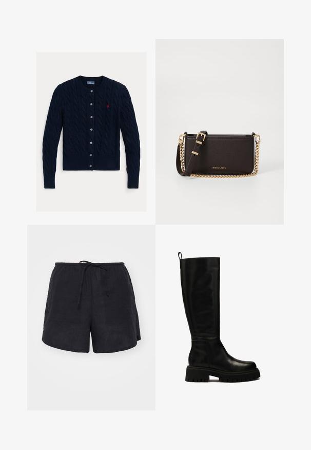 Tamsiai mėlynas megztinis su kabelių raštu, apvali iškirptė, šešių mygtukų užsegimas ir gactus kraštas bei rankovės. Mažas raudonas logotipo akcentas kairėje krūtinės pusėje.; Balta marškinėliai su ilgomis rankovėmis, struktūruota apykakle ir suapvalintu kraštu. Pagaminti iš lygios, vienspalvės medžiagos be matomų raštų ar akcentų.; Gina Tricot RELAXED BLEND - Šortai - black; Juodos odinės iki kelių botai su stilingu dizainu, apvalia nosimi ir storu guminio pado, kuris turi gilius griovelius, bei su kilimo juostele viršuje.; MICHAEL Michael Kors BRYANT SM XBODY POUCHETTE - Rankinė per petį - chocolate