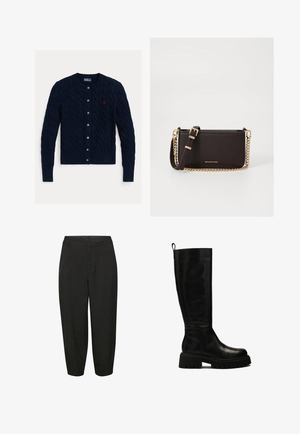 Cardigan en maille torsadée bleu marine avec un col rond, six boutons de fermeture et un ourlet et des poignets côtelés. Petit logo rouge sur la poitrine gauche.; Chemise blanche à manches longues, dotée d'un col structuré et d'un ourlet arrondi. Fabriquée à partir d'un tissu lisse et uni, sans motifs ni accents visibles.; Pantalon noir ajusté avec une taille haute, des plis et des jambes fuselées, fabriqué à partir d'un tissu lisse et léger.; Bottes en cuir noires montantes jusqu'au genou, avec un design épuré, un bout arrondi et une semelle en caoutchouc épaisse dotée de rainures profondes et d'une languette en haut.; MICHAEL Michael Kors BRYANT SM XBODY POUCHETTE - Sac bandoulière - chocolate