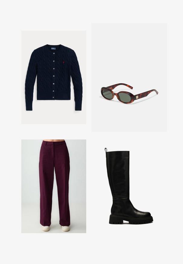 Marineblauwe kabelgebreide cardigan met een ronde hals, sluiting met zes knopen en geribde onderkant en mouwen. Kleine rode logo-accent aan de linkerkant van de borst.; Witte overhemd met lange mouwen, gestructureerde kraag en afgeronde zoom. Gemaakt van een gladde, effen stof zonder zichtbare patronen of accenten.; Bordeaux wijde broek met een soepele textuur, met een voorkreuk en zijzakken, gecombineerd met witte sneakers.; Zwarte leren laarzen tot de knie met een strak ontwerp, ronde neus en stevige rubberen zool met diepe groeven en een trekband aan de bovenkant.; Schildpadbril met donkere lenzen, ovale vorm en brede armen. Voorzien van een kleine gouden accent aan de zijkant. Glad plastic materiaal.