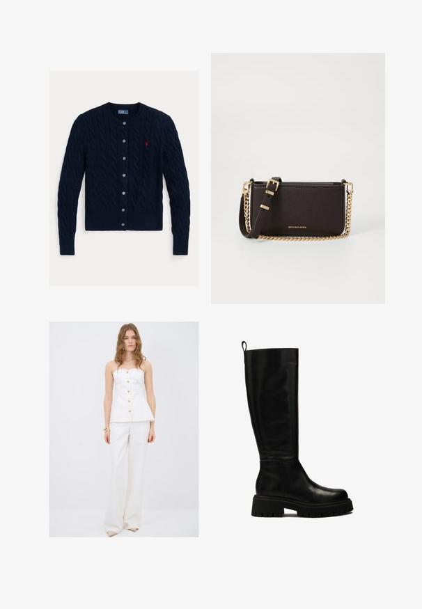 Granatowy kardigan w splot kablowy z okrągłym dekoltem, zapinany na sześć guzików, z prążkowanym dołem i mankietami. Mały czerwony akcent logo po lewej stronie klatki piersiowej.; Biała koszula zapinana na guziki z długimi rękawami, z wyraźnym kołnierzykiem i zaokrąglonym dołem. Wykonana z gładkiego, jednolitego materiału bez widocznych wzorów ani akcentów.; Biała bluzka peplum z złotymi guzikami, zestawiona z białymi szerokimi spodniami. Gładki materiał, bez ramiączek i minimalistyczne akcenty.; Czarne skórzane botki do kolan o smukłym designie, okrągłym nosku i masywnej gumowej podeszwie z głębokimi rowkami oraz uchwytem na górze.; MICHAEL Michael Kors BRYANT brązowy