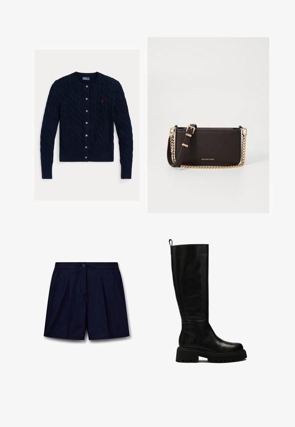 Námořnický modrý kardigán s pleteným vzorem, kulatým výstřihem, zapínáním na šest knoflíků a ribbovaným lemem a manžetami. Malá červená nášivka na levé hrudi.; Bílé košile s knoflíky, dlouhými rukávy, strukturovaným límcem a zaobleným lemem. Vyrobeno z hladké, jednolité tkaniny bez viditelných vzorů nebo akcentů.; Námořnické modré šortky vyrobené z hladkého materiálu, s knoflíkovým zapínáním, elastickým pasem, záhyby vpředu a bočními kapsami.; Černé kožené vysoké boty až ke kolenům s elegantním designem, zaoblenou špičkou a robustní gumovou podrážkou s hlubokými syzami a poutkem na horní části.; MICHAEL Michael Kors BRYANT SM XBODY POUCHETTE - Taška s příčným popruhem - chocolate
