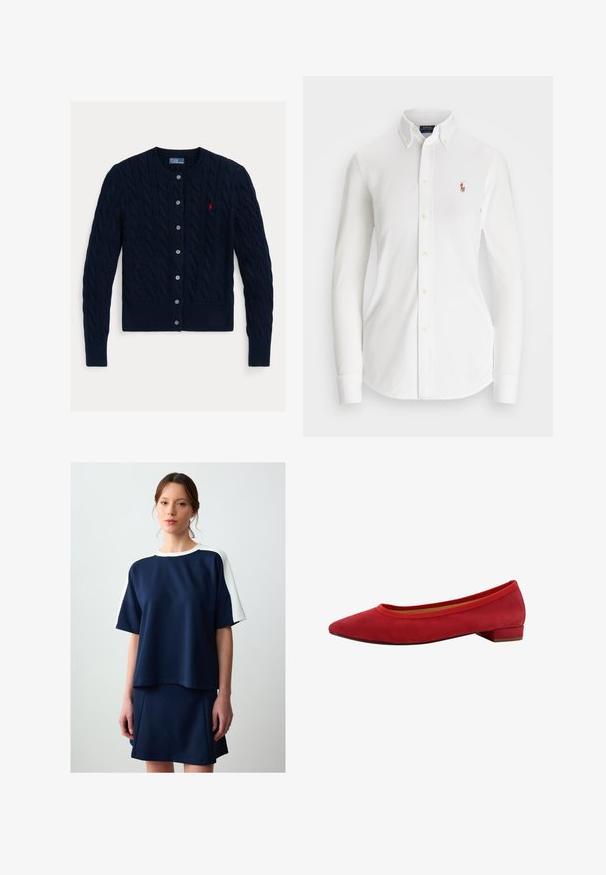 Cardigan in maglia a treccia blu navy con scollatura rotonda, chiusura a sei bottoni e orlo e polsini a costine. Piccolo logo rosso come accento sul petto sinistro.; Camicia bianca a maniche lunghe con colletto a punta, realizzata in cotone. Presenta un piccolo logo ricamato sul petto sinistro.; Top casual blu navy con dettagli bianchi sulle spalle, maniche corte e vestibilità ampia, abbinato a una gonna slim coordinata. Texture morbida.; Ballerine in suede rosso con punta affusolata, tacco basso a blocco e bordo elastico intorno all'apertura per una vestibilità aderente.