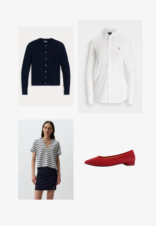 Cardigan in maglia a treccia blu navy con scollatura rotonda, chiusura a sei bottoni e orlo e polsini a costine. Piccolo logo rosso come accento sul petto sinistro.; Camicia bianca a maniche lunghe con colletto a punta, realizzata in cotone. Presenta un piccolo logo ricamato sul petto sinistro.; Top a maglia a righe con scollatura a V, caratterizzato da righe orizzontali blu navy e crema. Abbinato a una gonna blu navy con uno spacco laterale.; Ballerine in suede rosso con punta affusolata, tacco basso a blocco e bordo elastico intorno all'apertura per una vestibilità aderente.
