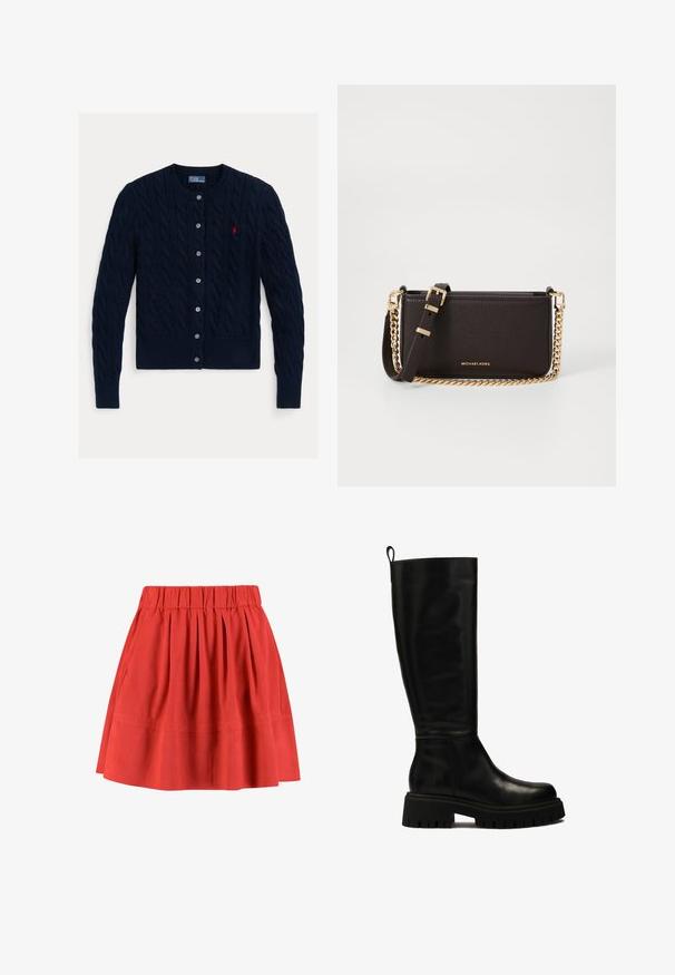 Mornarsko modra pletena kardigan s okroglim izrezom, zapiranje na šest gumbov ter kremplji in manšete z rebrastim robom. Majhna rdeča logotipna nalepka na levi prsni strani.; Bela srajca z dolgimi rokavi in gumbi, z ostrimi ovratniki, iz bombaža. Ima majhen izvezen logotip na levem prsnem delu.; Moves KIA - Plisirano krilo - mineral red; Črne usnjene škornje do kolen s sleek obliko, okroglo špico in debelim gumijastim podplatom z globokimi utori ter zanko na vrhu.; MICHAEL Michael Kors BRYANT SM XBODY POUCHETTE - Torba čez telo - chocolate