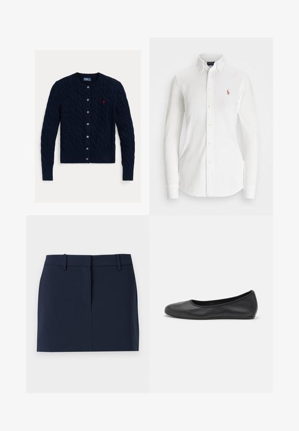 Cárdigan de punto cable azul marino con cuello redondo, cierre de seis botones y dobladillo y puños acanalados. Pequeño acento de logo rojo en el lado izquierdo del pecho.; Camisa blanca de manga larga con botones y collar punta, hecha de algodón. Presenta un pequeño logo bordado en el lado izquierdo del pecho.; Falda azul marino hecha de tejido suave, con una cinturilla, una abertura frontal y líneas limpias sin bolsillos ni adornos.; Bailarina de piel negra con punta redondeada, textura suave, detalle de costura minimalista y diseño de suela flexible.