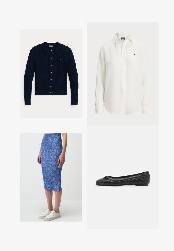 Marineblauwe kabelgebreide cardigan met een ronde hals, sluiting met zes knopen en geribde onderkant en mouwen. Kleine rode logo-accent aan de linkerkant van de borst.; Witte linnen blouse met lange mouwen, knoopsluiting en knopen aan de voorkant. Heeft een klein blauw geborduurd logo op de borst.; Blauwe gemusterde midi-jurk met een aansluitende silhoët, elastische tailleband en geribbelde textuur, gecombineerd met witte sneakers.; Zwarte ballerina in geborduurd leer. Heeft een ronde neus en een klein strikdetail aan de voorkant. Lage zool voor gemakkelijk dragen.
