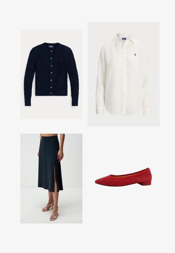 Dunkelblauer Zopfmuster-Cardigan mit Rundhalsausschnitt, sechs Knopfverschluss sowie geripptem Saum und Bündchen. Kleines rotes Logo-Detail auf der linken Brust.; Weißes Leinenhemd mit langen Ärmeln, Button-Down-Kragen und Knöpfen auf der Vorderseite. Verfügt über ein kleines blaues gesticktes Logo auf der Brust.; Jimmy Key HIGH WAIST MIDI - A-Linien-Rock - dark blue; Rote Wildleder Ballerinas mit spitzem Zeh, niedrigem Blockabsatz und elastischem Besatz am Schaft für eine enge Passform.