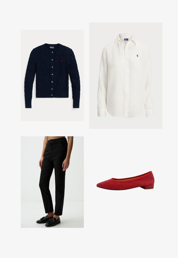 Dunkelblauer Zopfmuster-Cardigan mit Rundhalsausschnitt, sechs Knopfverschluss sowie geripptem Saum und Bündchen. Kleines rotes Logo-Detail auf der linken Brust.; Weißes Leinenhemd mit langen Ärmeln, Button-Down-Kragen und Knöpfen auf der Vorderseite. Verfügt über ein kleines blaues gesticktes Logo auf der Brust.; Schwarze hochgeschnittene Hose aus einem glatten Baumwollmix, mit Vordertaschen und schmaler Passform, kombiniert mit schwarzen Slippern.; Rote Wildleder Ballerinas mit spitzem Zeh, niedrigem Blockabsatz und elastischem Besatz am Schaft für eine enge Passform.