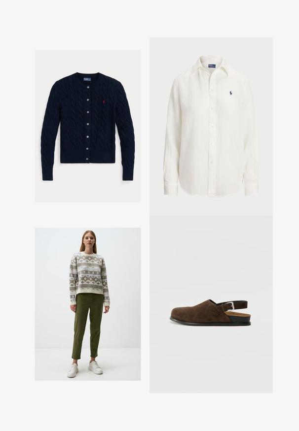 Marineblauwe kabelgebreide cardigan met een ronde hals, sluiting met zes knopen en geribde onderkant en mouwen. Kleine rode logo-accent aan de linkerkant van de borst.; Witte linnen blouse met lange mouwen, knoopsluiting en knopen aan de voorkant. Heeft een klein blauw geborduurd logo op de borst.; Gebreide trui met geometrische patronen in beige en lichtblauw, gecombineerd met olijfgroen afgezakte broek en witte sneakers.; Bruin suède instapper met een lage hak, een verstelbare band met een zilveren gesp en een zwarte rubberen zool.