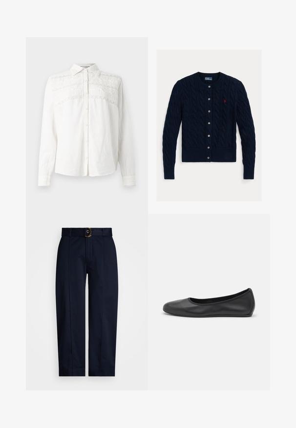 Marineblå kabelstrikket cardigan med rund hals, seks knapper foran og ribbestrikket nederkant og mansjetter. Liten rød logo på venstre bryst.; Paul & Joe ROYAN - Skjortebluse - blanc; Marine bukser med vævet talje og en guldring spænde, med en lige ben-udskæring og pressefurer langs fronten.; Svart skinnballettflatt med rund tå, glatt tekstur, minimal sømdetalj, og et fleksibelt såledesign.