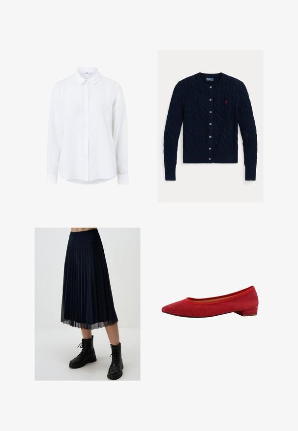 Cardigan in maglia a treccia blu navy con scollatura rotonda, chiusura a sei bottoni e orlo e polsini a costine. Piccolo logo rosso come accento sul petto sinistro.; Camicia bianca a maniche lunghe realizzata in lino, con chiusura a bottoni sul davanti, colletto classico e maniche con polsini. Texture liscia con un aspetto leggero.; Gonna plissettata blu navy realizzata in tessuto leggero, con lunghezza a metà polpaccio e vita aderente, abbinata a stivali da combattimento neri.; Ballerine in suede rosso con punta affusolata, tacco basso a blocco e bordo elastico intorno all'apertura per una vestibilità aderente.