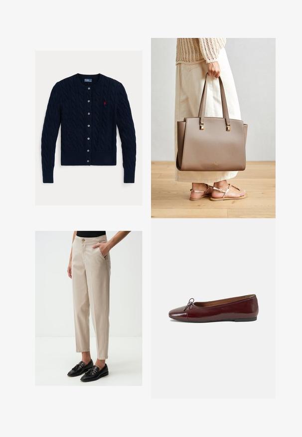Granatowy kardigan w splot kablowy z okrągłym dekoltem, zapinany na sześć guzików, z prążkowanym dołem i mankietami. Mały czerwony akcent logo po lewej stronie klatki piersiowej.; Trzy bezrękawnikowe topy: granatowy, czerwony i biały. Miękki, elastyczny materiał z okrągłymi dekoltami i klasycznym krojem.; Beżowe dopasowane spodnie z bocznymi kieszeniami, zwężanym krojem i zapięciem na guzik w pasie, zestawione z czarnymi loafersami z frędzlami.; Bordowe baleriny z lakierowanej skóry z zaokrąglonym noskiem, małą kokardką z przodu oraz niską, czarną gumową podeszwą. Gładka tekstura.; Brązowa syntetyczna torba na ramię z dwoma długimi uchwytami, kwadratowymi metalicznymi akcentami i subtelnym logo. Noszona z jasną spódnicą w kolorze kremowym i sandałami.