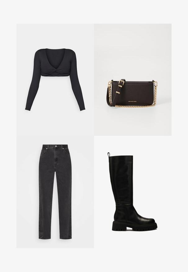 Marineblauwe kabelgebreide cardigan met een ronde hals, sluiting met zes knopen en geribde onderkant en mouwen. Kleine rode logo-accent aan de linkerkant van de borst.; Zwarte lange mouw crop top met een diepe V-hals en een gedraaide voorkant, gemaakt van glad, elastisch materiaal.; Zwarte denim jeans met rechte pijpen en hoge taille, met een knoop en rits aan de voorkant en vijf zakken, op een witte achtergrond.; Zwarte leren laarzen tot de knie met een strak ontwerp, ronde neus en stevige rubberen zool met diepe groeven en een trekband aan de bovenkant.; MICHAEL Michael Kors BRYANT SM XBODY POUCHETTE - Schoudertas - chocolate