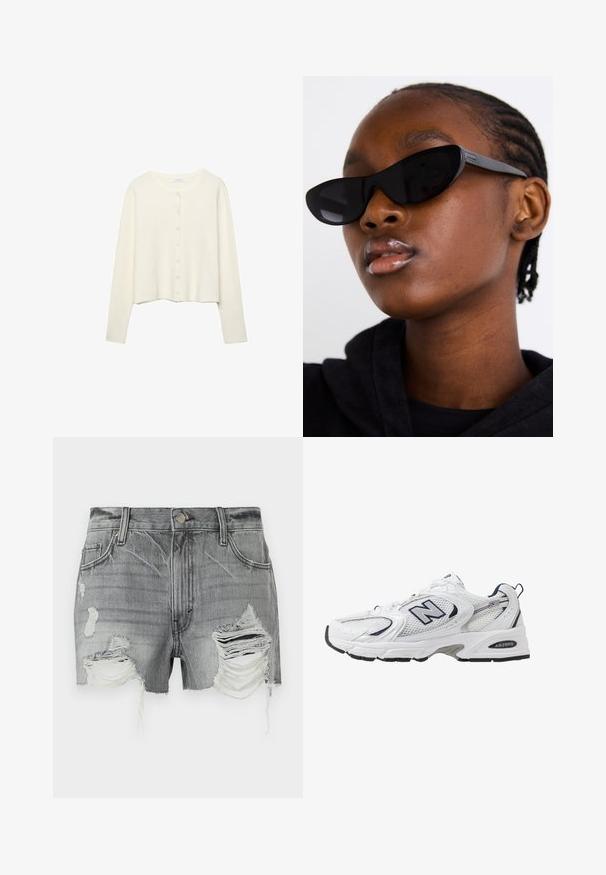 Biała, prążkowana kardiganka z długimi rękawami i okrągłym dekoltem. Posiada zapięcie na guziki z małymi, okrągłymi guzikami. Krótki fason.; Czarny, długi rękaw, top wykonany z miękkiego materiału. Posiada głęboki dekolt w kształcie litery V z falbaną koronkową i dopasowany krój. Bez widocznych wzorów.; Szare szorty dżinsowe z postrzępionymi brzegami i wieloma przetarciami, z zapięciem na guzik i dwoma przednimi kieszeniami.; Białe sportowe buty z siateczkową cholewką, granatowymi akcentami i wyściełaną podeszwą. Posiadają logo "N", sznurówki oraz teksturowany detal po boku.; Czarne okulary przeciwsłoneczne w stylu cat-eye z matowym wykończeniem, charakteryzujące się eleganckim designem i delikatnie zaokrąglonymi krawędziami, na tle ciemnego ubrania modelki.; Desigual - Torebka