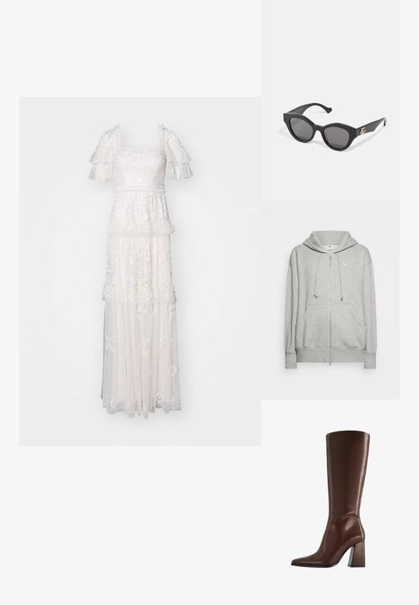 Ljusgrå zip-up hoodie tillverkad av mjukt material, med känguruficka, justerbar dragkedja på huven och en liten Nike-logotyp.; Needle & Thread ARWEN GOWN - Festklänning - cream; Brun knähög läderstövel med spetsig tå och grov medelhög klack, visad i sidoprofil mot vit bakgrund.; Svart solglasögon med en vinkelräffad kattöga-form, med mörka tonade linser. Guld-logotypdetalj på skalmen. Slät plastbåge.; Guldkedja med dekorativa metallblommor och accenter, bärs över en svart linne, vilket framhäver dess design och textur.