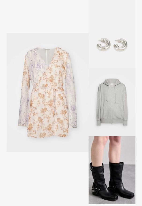 Light gray zip-up hoodie made of soft material, featuring a kangaroo pocket, adjustable drawstring hood, and a small Nike logo.; Floral wrap dress featuring long sleeves, beige base with orange and purple flower patterns, and a tie belt at the waist. Lightweight fabric.; Black leather knee-high boots with a square toe, side zipper, and adjustable strap featuring a metal chain accent. Matte finish and sturdy sole.; Silver-tone hoop earrings with a smooth, curved design and textured surface, featuring a stud post for fastening.