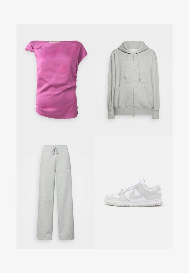 Vaaleanharmaa vetoketjullinen huppari, joka on valmistettu pehmeästä materiaalista. Siinä on kengurutasku, säädettävä nyörihuppu ja pieni Nike-logo.; Fitted, off-shoulder toppi vaaleanpunaista kangasta, jossa on sileä rakenne. Yhdessä sivussa on hienovarainen rypytys ja kaareva helma.; Harmaat verkkarit, joissa on elastinen vyötärö, nauhaverhoilu ja pieni valkoinen Nike-logo vasemmassa reidessä. Pehmeä kangas, löysä istuvuus.; Valkoiset nahkakengät, joissa on harmaita yksityiskohtia, rei'itetty kärki, litteät nauhat, pehmustettu kaulus sekä teksturoitu kumipohja.