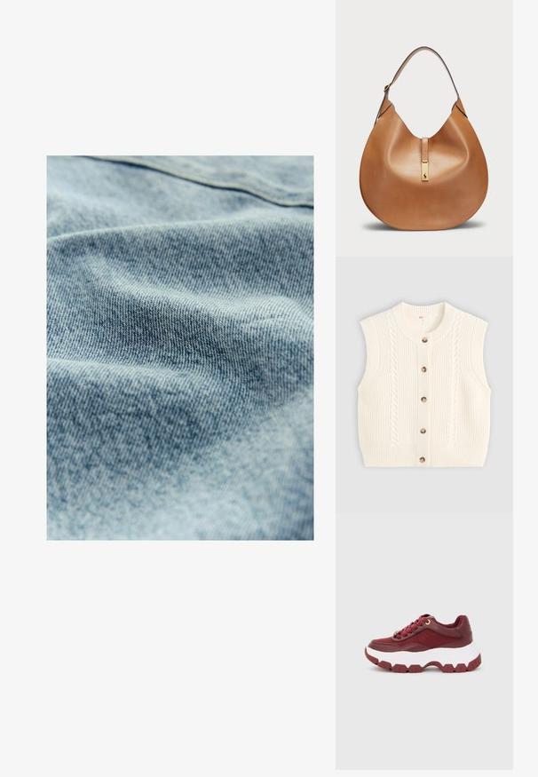 Chaleco sin mangas de punto crema con cuello redondeado, que presenta un diseño de trenzado y cinco botones de madera marrón en la parte delantera.; Tela de mezclilla azul claro con una sutil textura y un patrón de tejido visible, mostrando ligeras variaciones en color y suavidad.; Zapatilla burdeos con suela blanca gruesa, dibujo texturizado y cordones en la parte delantera, sobre un fondo gris claro liso.; Bolso de mano de cuero marrón claro con forma curva y una amplia correa para el hombro. Presenta un acento de metal dorado en el centro y una textura suave.