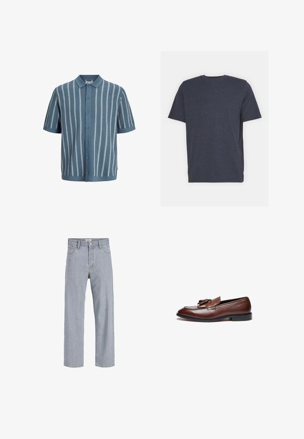 Kurzarm-Polohemd aus Strick in Blau mit weißen vertikalen Streifen, mit einer Knopfleiste und einem klassischen Kragen. Weicher, strukturierter Stoff.; Marineblaue Rundhals-T-Shirt aus weichem Baumwollmischgewebe, mit kurzen Ärmeln und normaler Passform. Keine sichtbaren Muster oder Akzente.; Helle blaue Jeans aus Denim mit lockerer Passform, geradem Bein, sichtbaren Nähten, zwei vorderen Taschen und einem Knopfverschluss.; Braune Lederloafers mit glatter Oberfläche, dekorativen Quasten, einer abgerundeten Spitze und einer niedrigen schwarzen Gummisohle.