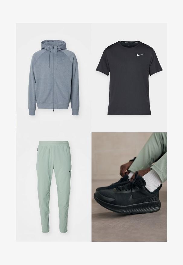 Gaiši pelēks kapuce ar apģērbam paredzētu rāvējslēdzēju priekšpusē, kapuci ar aukliņām un raglāna piedurknēm. Uz krūtīm ir neliels melns logos. Mīksta auduma tekstūra.; Melna Nike skriešanas T-kreklā, kas izgatavots no viegla un elpojoša materiāla, ar īsām piedurknēm un mazu baltu logo uz krūtīm.; Nike Performance FLEX REP - Treniņtērpa apakšdaļas - jade horizon; Melnas Nike skrējēju kurpes ar acu augšdaļu, teksturētu zoli un minimālu zīmolu. Dizains ir elegants un sportisks izskats.