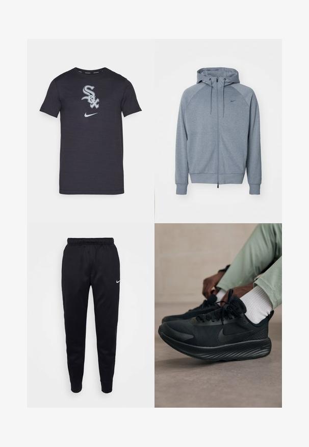 Sweatshirt cinza claro com fecho éclair à frente, capuz com cordão e mangas raglan. Apresenta um pequeno logótipo preto no peito. Textura de tecido suave.; T-shirt azul marinho de manga curta, feito de um tecido macio, com um logo gráfico branco "Sox" e o logo da Nike na parte da frente. Design de gola redonda.; Calças de desporto Nike pretas com cintura elástica, pernas ajustadas e um discreto detalhe do logótipo. Feitas de um tecido suave com um design simples.; Os sapatilhas de corrida Nike pretas apresentam um cabedal em malha, sola texturizada e uma marcação mínima. O design é elegante e com uma aparência atlética.