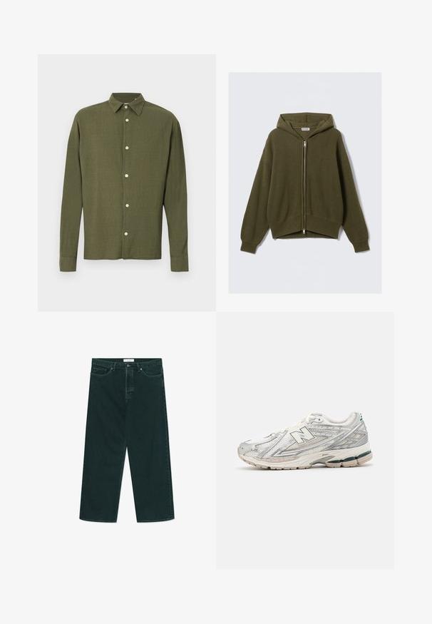 Oliwkowa, prążkowana bluza z kapturem na zamek, o luźnym kroju, z opuszczonymi ramionami i elastycznymi mankietami. Posiada podszewkę w kapturze i skrócony dół.; Olejkowa oliwkowa koszula na guziki z długim rękawem, zaostrzonym kołnierzem i subtelnym wzorem teksturowanego materiału, prezentowana na jednolitym tle.; Ciemnozielone dżinsy szerokie w nogawkach z zapięciem na guzik i zamek, kieszeniami z przodu oraz szlufkami na pasek, leżące płasko na białym tle.; Buty biegowe mają srebrno-białą siateczkową cholewkę z zielonym akcentem. Podeszwa jest masywna i teksturowana, zaprojektowana z myślą o amortyzacji i wsparciu.