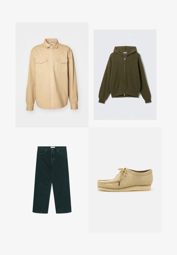 Olajzöld, bordázott kötött kapucnis pulóver, cipzárral elöl, laza fazonban, esésvállakkal és rugalmas mandzsettákkal. Bélelt kapucnival és cropped hosszúsággal rendelkezik.; Beige gombos ing, pamutból készült, klasszikus gallérral, két mellzsebbel és hosszú ujjakkal, gombos mandzsettával.; Hosszú ujjú garbós pulóver sötétszürke színben, puha pamutkeverékből készült. Bordás mandzsettákkal és nyakkivágással rendelkezik, sima, enyhén texturált felülettel.; Sötétzöld, bő szabású farmernadrág gombbal és cipzárral, elülső zsebekkel és övbújtatókkal, fehér háttéren vízszintesen elhelyezve.; Beige velúr cipő fűzővel, varrott részletekkel és gumitalppal. A fazon laza, enyhén sarokkal rendelkezik.