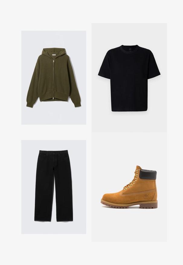 Olivno zeleno, rebrasto pletivo s kapuco, z zadrgo spredaj, ohlapnega kroja, spuščeni rami in elastiko na manšetah. Ima podloženo kapuco in skrajšan rob.; Črna bombažna majica s krojem okoli vratu, kratkimi rokavi in ravnim krojem. Ima minimalno šivanje in mehko, gladko teksturo.; Črne široke jean hlače, izdelane iz denima. Imajo klasičen pet-pocket dizajn, z gumbom in zadrgo ter ojačano šivanje.; Svetlo rjave anklne čizme iz semiša z črnim oblazinjenim ovratnikom, zlatimi kovinskimi očesci, belimi šivi in robustnim gumijastim podplatom s izrazitimi tredi.