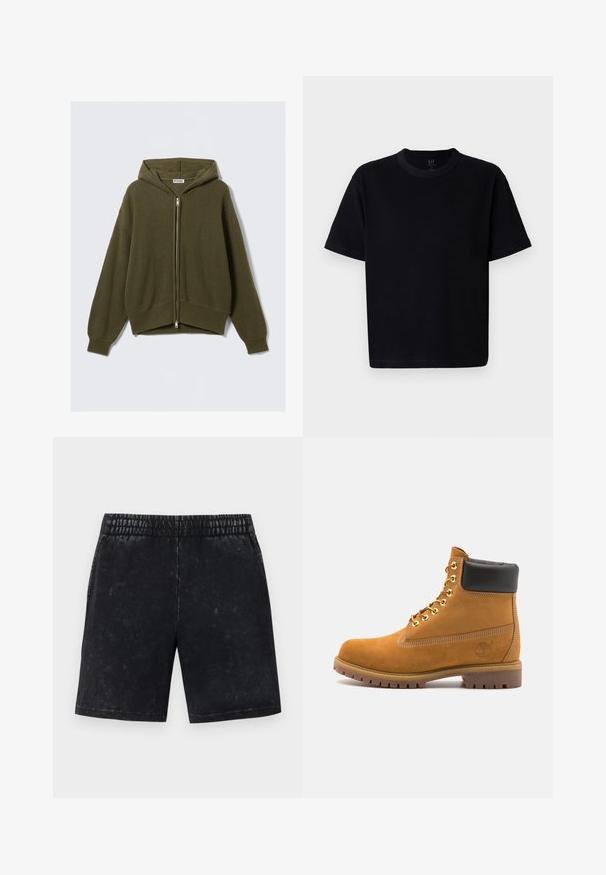 Felpa verde oliva a coste con zip frontale, vestibilità ampia, spalle basse e polsini elastici. Presenta un cappuccio foderato e un orlo accorciato.; Maglietta nera in cotone con scollatura rotonda, maniche corte e taglio dritto. Presenta cuciture minime e una texture morbida e liscia.; Pantaloni corti neri con una texture sbiadita, vita elastica e taglio dritto. Non sono visibili tasche o decorazioni.; Stivale alla caviglia in suede tan con collare imbottito nero, occhielli in metallo dorato, dettagli in cucitura bianca e suola in gomma robusta con battistrada pronunciato.
