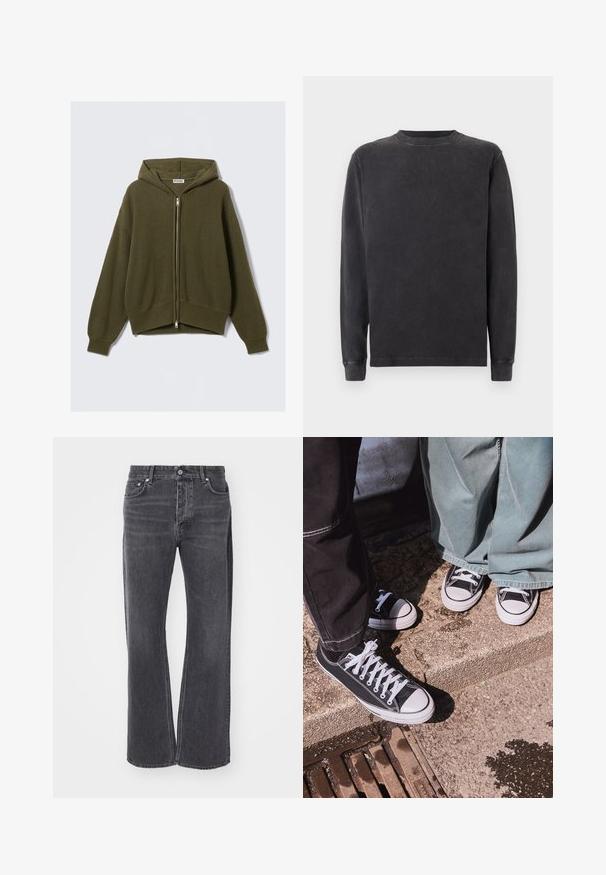 Maslinasto zelena, rebrasta pletena dukserica s patentnim zatvaračem, slobodnog kroja, s nisko postavljenim ramenima i elastičnim manžetama. Ima obloženi kapuljaču i skraćeni rub.; Dugi rukav, majica s okruglim izrezom u tamnosivoj boji, napravljena od meke mješavine pamuka. Ima rebraste manšete i izrez s glatkom, lagano teksturiranom završnom obradom.; Crne traperice visoki struk s slobodnim, širokim krojem. Izrađene od trapera, s blagim izbljeđivanjem i prednjim i stražnjim džepovima.; Crne platnene tenisice niskog kroja s bijelim gumenim kapicama i vezicama, uparene s širokim zelenim trapericama, na strukturiranoj kamenoj površini.