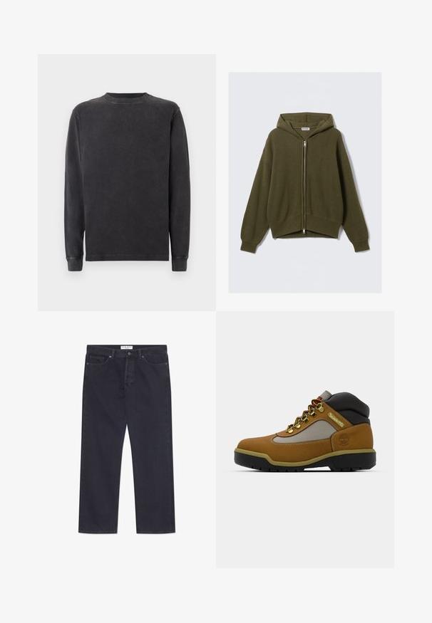 Olive green, ribbed knit hoodie with a zip front, loose fit, dropped shoulders, and elastic cuffs. Features a lined hood and a cropped hem.; Long-sleeve crewneck sweatshirt in dark gray, made of soft cotton blend. Features ribbed cuffs and neckline with a smooth, slightly textured finish.; Dark blue denim jeans with a straight-leg design, five pockets, and a classic button and zipper closure. Features contrast stitching.; Brown hiking boot with gray and black accents, textured leather upper, metal eyelets, and a rugged rubber sole for traction.