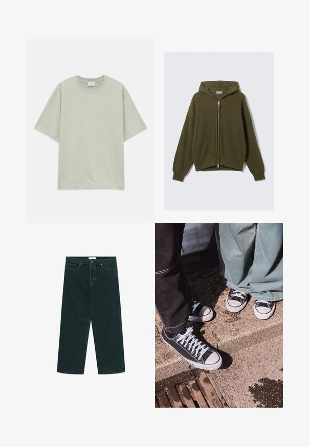 Olivově zelená, ribově pletená mikina s kapucí na zip, volného střihu, s pokleslými rameny a elastickými manžetami. Má podšitou kapuci a zkrácený lem.; Světle zelené volné tričko s krátkým rukávem z bavlny s kulatým výstřihem, položené na bílé ploše.; Tmavě zelené široké denimové džíny s knoflíkovým a zipovým zapínáním, předními kapsami a poutky na opasek, položené na bílé ploše.; Černé plátěné tenisky s nízkým střihem a bílými gumovými špičkami a tkaničkami, v kombinaci s širokými zelenými džínovými kalhotami, ležící na texturovaném kamenném povrchu.