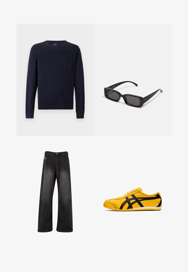 Oliwkowa, prążkowana bluza z kapturem na zamek, o luźnym kroju, z opuszczonymi ramionami i elastycznymi mankietami. Posiada podszewkę w kapturze i skrócony dół.; Granatowy t-shirt z długim rękawem, wykonany z bawełny, z okrągłym dekoltem i małą kieszonką na piersi po lewej stronie. Gładka tekstura.; Czarne spodnie dżinsowe o szerokich nogawkach z wyblakłym wykończeniem, z zapięciem na guzik, pięcioma kieszeniami oraz metką z logo z przodu po lewej stronie.; Żółty but sportowy z czarnymi akcentami, gładka skórzana tekstura, zakrzywiony kształt, okrągły czubek, płaska biała podeszwa i wyraźne logo na boku.; Czarne prostokątne okulary przeciwsłoneczne z ciemnymi szkłami, błyszczącym wykończeniem, szerokimi zausznikami i masywną konstrukcją. Wygrawerowana nazwa marki na jednym z zauszników.