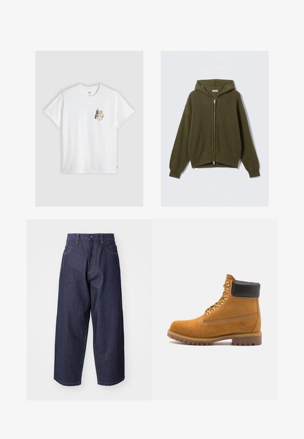 Olive green, ribbed knit hoodie with a zip front, loose fit, dropped shoulders, and elastic cuffs. Features a lined hood and a cropped hem.; Levi's® RELAXED FIT TEE - Print T-shirt - bright white; Dark blue denim jeans with a loose, wide-leg design. Features include a button closure, front pockets, and visible stitching accents.; Tan suede ankle boot with black padded collar, gold metal eyelets, white stitching detailing, and rugged rubber sole with pronounced treads.