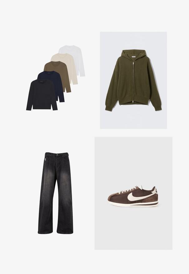 Olijfgroene, geribbelde gebreide hoodie met een ritssluiting aan de voorkant, losse pasvorm, verlaagde schouders en elastische manchetten. Heeft een gevoerde capuchon en een cropped zoom.; Vijf lang mouwen shirts in een kleurenverloop: donkerblauw, blauw, olijfgroen, beige en wit. Elk shirt heeft een ronde hals en een gladde textuur.; Zwarte wijde denim broek met een vervaagde afwerking, uitgerust met een knoopsluiting, vijf zakken en een merkpatch aan de linkervoorzijde.; Bruine sneaker met een mix van suede en canvas materialen, voorzien van een witte Nike swoosh logo en een getextureerde rubberen buitenzool.