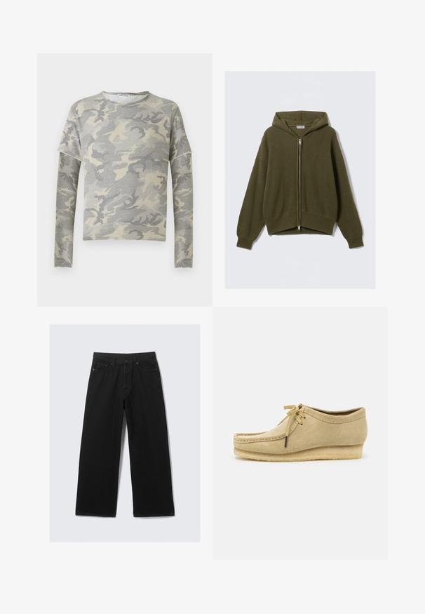 Olive green, ribbed knit hoodie with a zip front, loose fit, dropped shoulders, and elastic cuffs. Features a lined hood and a cropped hem.; Gray camouflage sweatshirt with long sleeves, round neck, and slight drop shoulder design. Made from soft fabric with a smooth texture.; Black wide-leg trousers made from denim, featuring a classic five-pocket design and a structured waistband with belt loops.; Beige suede shoe with a lace-up design, stitched detailing, and a rubber sole. The shape is casual with a slight wedge heel.