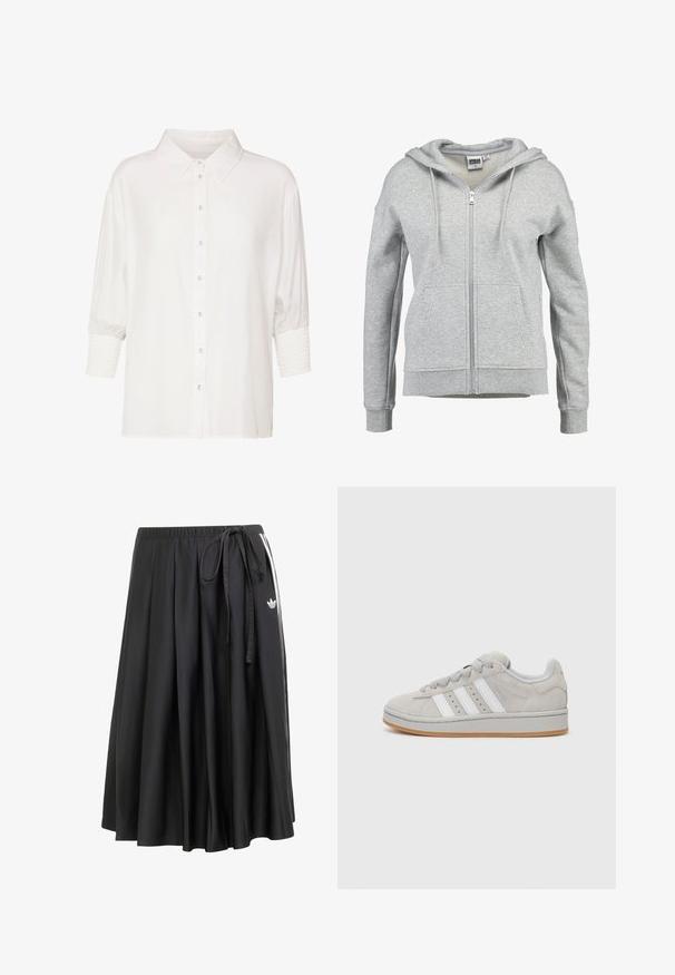 Sudadera con cremallera en gris, hecha de una suave mezcla de algodón. Cuenta con una capucha forrada, dos bolsillos frontales y puños y dobladillo acanalados.; Camisa blanca de botones con cuello clásico, mangas cortas abullonadas y puños fruncidos. Confeccionada en una tela ligera con una textura suave.; Falda midi negra con cintura elástica, lazo lateral, rayas blancas y logo de trébol de Adidas en el lado derecho.; Zapatillas de ante gris con diseño de tres rayas blancas, punta redonda y suela de goma. Presenta cordones de tela y un cuello acolchado para mayor comodidad.