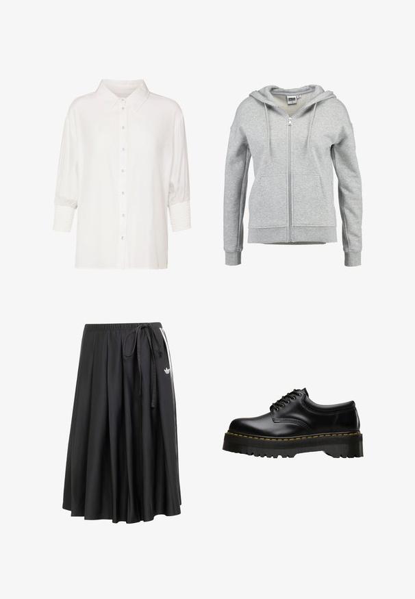 Szary hoodie na zamek wykonany z miękkiej mieszanki bawełny. Posiada podszewkę w kapturze, dwie przednie kieszenie oraz ściągacze przy mankietach i u dołu.; Biała koszula zapinana na guziki z klasycznym kołnierzykiem, krótkimi bufkami i marszczonymi mankietami. Wykonana z lekkiego materiału o gładkiej fakturze.; Dwie koszulki z krótkim rękawem, jedna czarna, a druga biała, wykonane z miękkiej bawełny. Obie mają okrągły dekolt i luźny krój.; Czarna midi spódnica z elastycznym pasem, wiązaniem po bokach, białymi paskami i logo trefoil Adidasa po prawej stronie.; Czarne skórzane buty sznurowane z grubą, ząbkowaną czarną gumową podeszwą i żółtym przeszyciem wzdłuż krawędzi, charakteryzujące się gładkim wykończeniem.