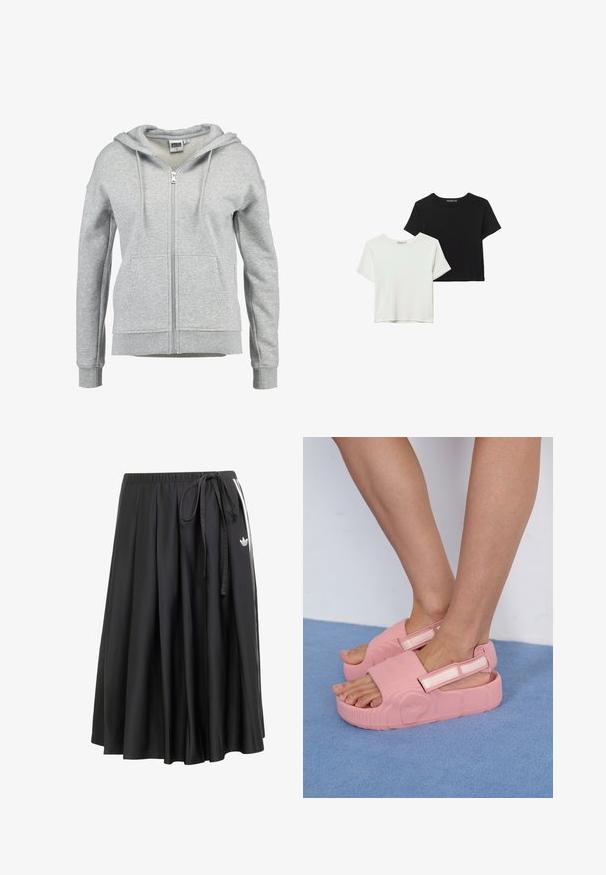 Szary hoodie na zamek wykonany z miękkiej mieszanki bawełny. Posiada podszewkę w kapturze, dwie przednie kieszenie oraz ściągacze przy mankietach i u dołu.; Dwie koszulki z krótkim rękawem, jedna czarna, a druga biała, wykonane z miękkiej bawełny. Obie mają okrągły dekolt i luźny krój.; Czarna midi spódnica z elastycznym pasem, wiązaniem po bokach, białymi paskami i logo trefoil Adidasa po prawej stronie.; Różowe gumowe klapki z teksturowanym wierzchem, regulowanym paskiem i grubą podeszwą, prezentujące wzory fal i logo marki z boku.