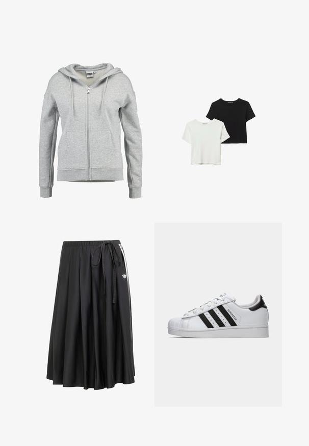 Siva zip-up kapuca, narejena iz mešanice mehkega bombaža. Ima podloženo kapuco, dve sprednji žepki ter rebraste manšete in rob.; Dvije majice kratkih rukava, jedna crna i jedna bijela, napravljene od mekog pamuka. Obje imaju okrugli izrez i opušten kroj.; Črna midi krilo z elastičnim pasom, stranskim trakom, belimi črtami in Adidasovim trifoil logotipom na desni strani.; Belo Adidas Superstar čevljek z črnimi črtami, zaščitnim konicami in napisom "Superstar" na strani, prikazan v levem profilu na belem ozadju.