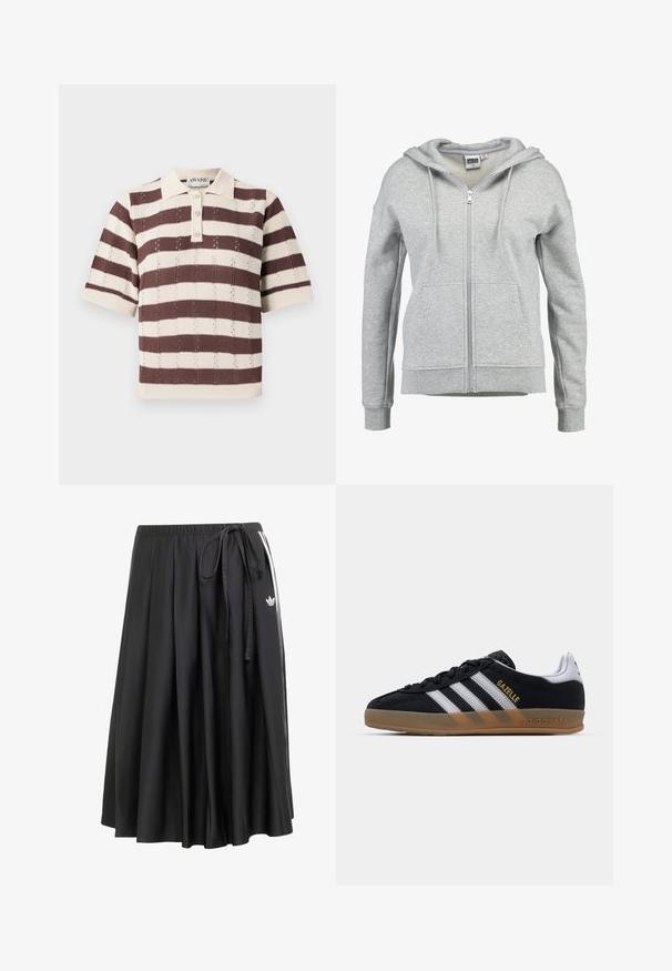 Šedá zapínacia mikina vyrobená z mäkkej bavlnenej zmesi. Má podšívkovanú kapucňu, dve predné vrecká a rebrované manžety a spodný lem.; Polo tričko v béžových a hnedých pruhoch s krátkymi rukávmi, so zapínaním na tri gombíky a textúrovaným pleteným dizajnom.; Čierna midi sukňa s elastickým pásom, bočným viazaním, bielymi pruhmi a logom Adidas trefoil na pravej strane.; Čierne semišové tenisky s bielymi pruhmi, tanovou gumovou podrážkou a zlatým logom "Gazelle". Klasický nízky dizajn s textúrovaným vrchom.