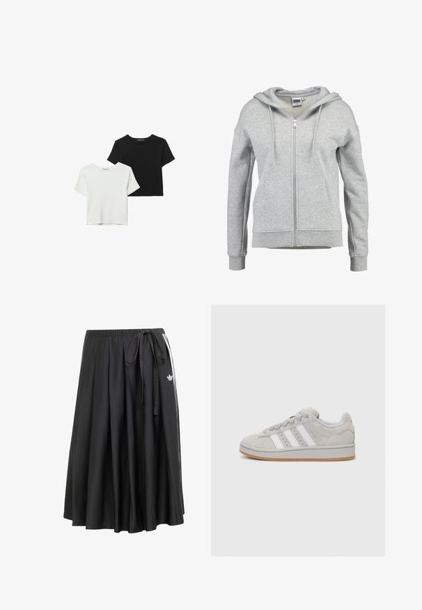 Felpa grigia con zip realizzata in morbido misto cotone. Presenta un cappuccio foderato, due tasche frontali e polsini e orlo a coste.; Due magliette a maniche corte, una nera e una bianca, realizzate in morbido cotone. Entrambe hanno un collo rotondo e una vestibilità comoda.; Gonna nera midi con cintura elastica, lacci laterali, strisce bianche e logo trefoil Adidas sul lato destro.; Sneaker grigie in suede con design a tre strisce bianche, punta rotonda e suola in gomma naturale. Presentano lacci in tessuto e un colletto imbottito per il comfort.