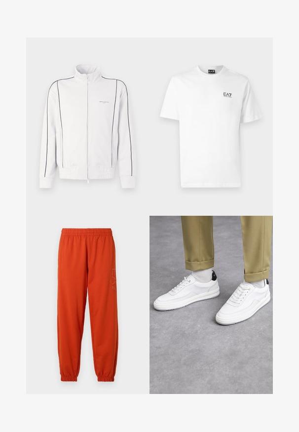 Baltas džemperis ar rāvējslēdzēju, ar melniem akcentiem uz piedurknēm un priekša, elastīga jostasvieta un maza Armani Exchange logo kreisajā krūtī.; Balta kokvilnas T-kreklā ar apaļu kakla izgriezumu, īsām piedurknēm un melnu EA7 logo kreisajā krūtī. Gluda, vienkārša tekstūra.; Oranžas sporta bikses ar elastīgu jostasvietu un aprocēm. Uz sāniem ir drukāts logotips. Izgatavotas no mīksta, teksturēta auduma.; Baltas sporta apavi ar teksturētu ādas virsmu, noapaļots purngalis un melna papēža akcenta detaļa. Gumijas zole ar nelielu raksta zīmējumu un šuvju detaļām.