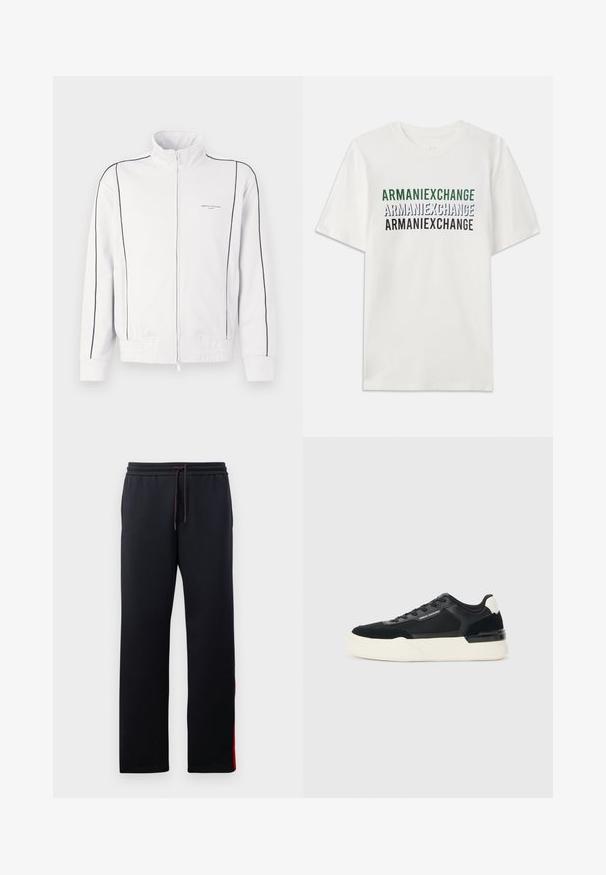 Weisse Zip-Jacke mit Reißverschluss, schwarzer Paspelierung an Ärmeln und Vorderseite, elastischem Bund und kleinem Armani Exchange-Logo auf der linken Brust.; Weißes Baumwoll-T-Shirt mit wiederholt aufgedrucktem Text "ARMANIEXCHANGE" in Grün, Blau und Schwarz. Kurze Ärmel und klassischer Rundhalsausschnitt.; Schwarze Jogginghose mit Kordelzugbund, schmal zulaufenden Beinen und roten Akzentstreifen an den Seiten. Weicher, elastischer Stoff mit einer glatten Textur.; Schwarze Sneaker aus Mesh und Leder, mit einer dicken weißen Sohle und kontrastierenden Akzenten. Schnürsenkel und Logo-Details an der Seite.