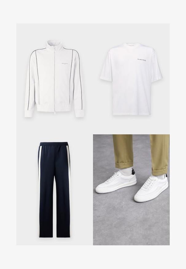 Hvid zip-up træningsjakke med sort piping på ærmerne og foran, elastisk talje og lille Armani Exchange-logo på venstre bryst.; Hvid kortærmet t-shirt i bomuld med v-hals, med et sort "FILLING PIECES" logo trykt på venstre side.; Marineblå sweatpants med bred ben-design, der har lodrette cremefarvede striber langs siderne. Fremstillet af blødt, tekstureret stof med elastisk talje.; Hvide sneakers med en tekstureret læderfinish, rund tå og sort hælaccent. Gummisål med lille mønster og syede detaljer.